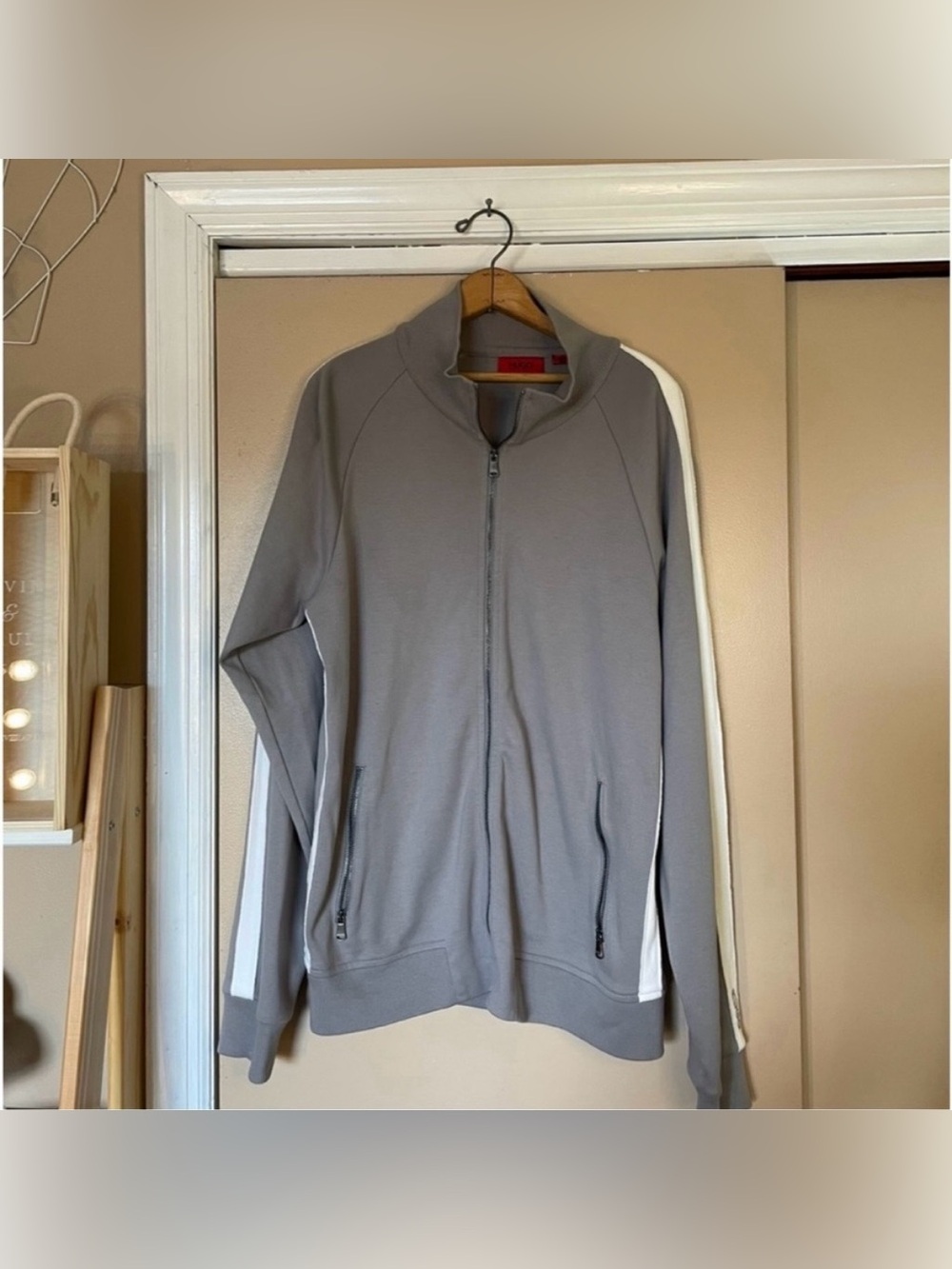 Hugo Boss Grey and white full zip bomber jacket size large